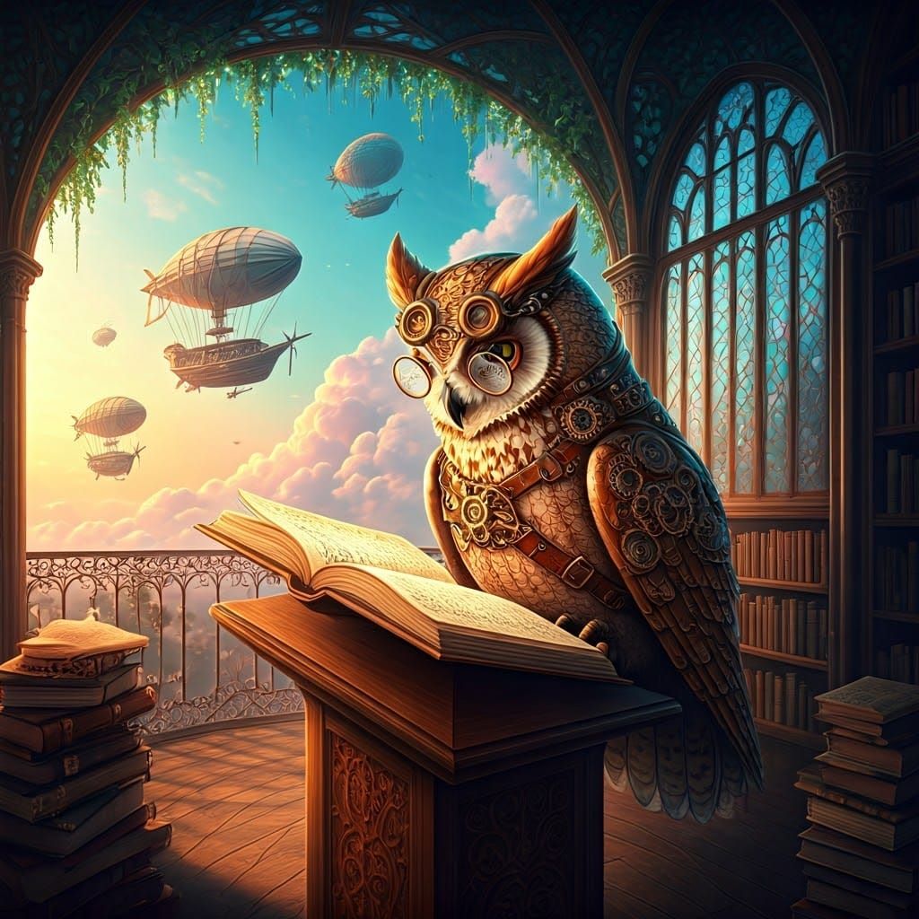 Steampunk Owl Librarian in Victorian-Style Fantasy Scene