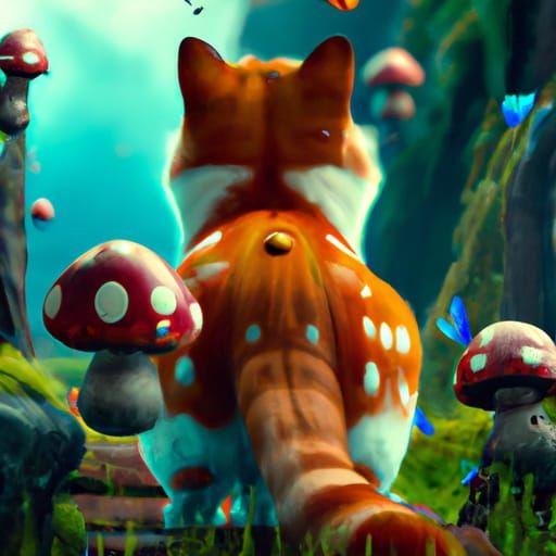 Red Cat with Toadstools, Detailed Fantasy Art