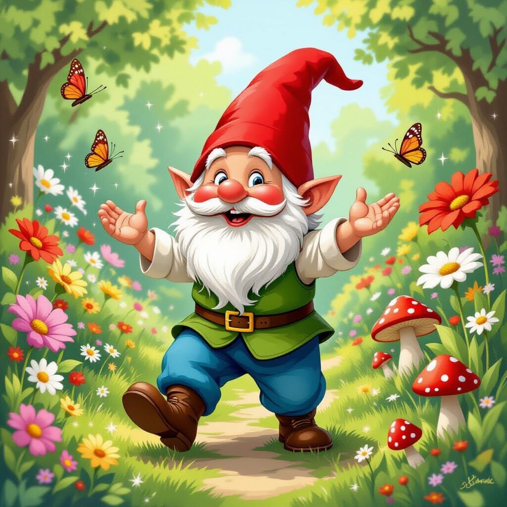 Dancing Garden Gnome in Storybook Style