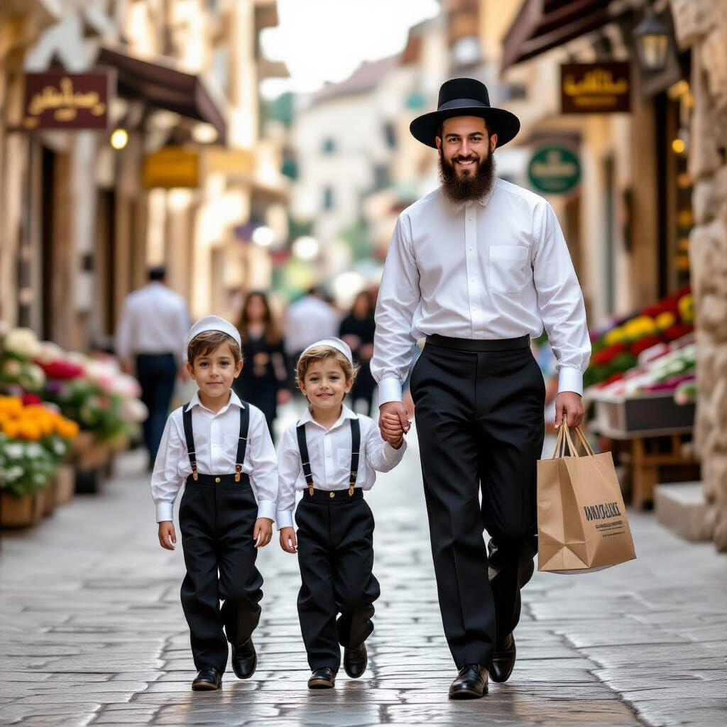 Hasidic Man Walks Jerusalem Street: Photojournalistic Style