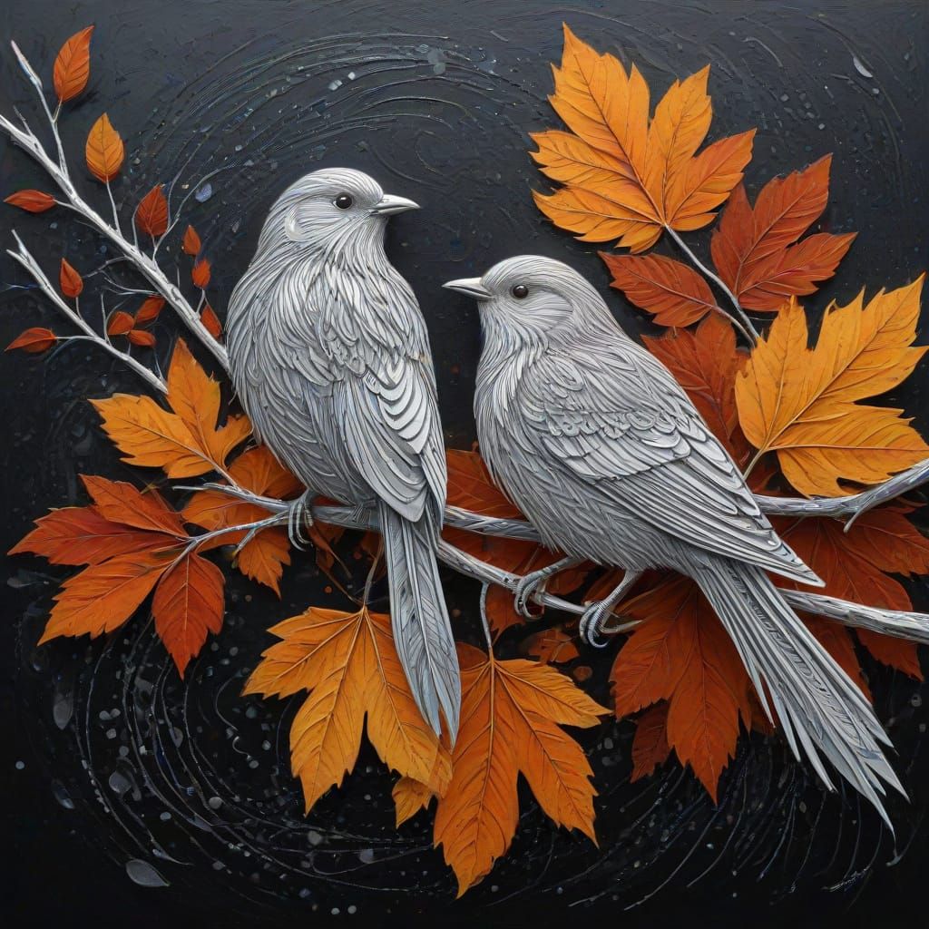 Silver Birds With Flowing Feathers Amid Autumn Leaves