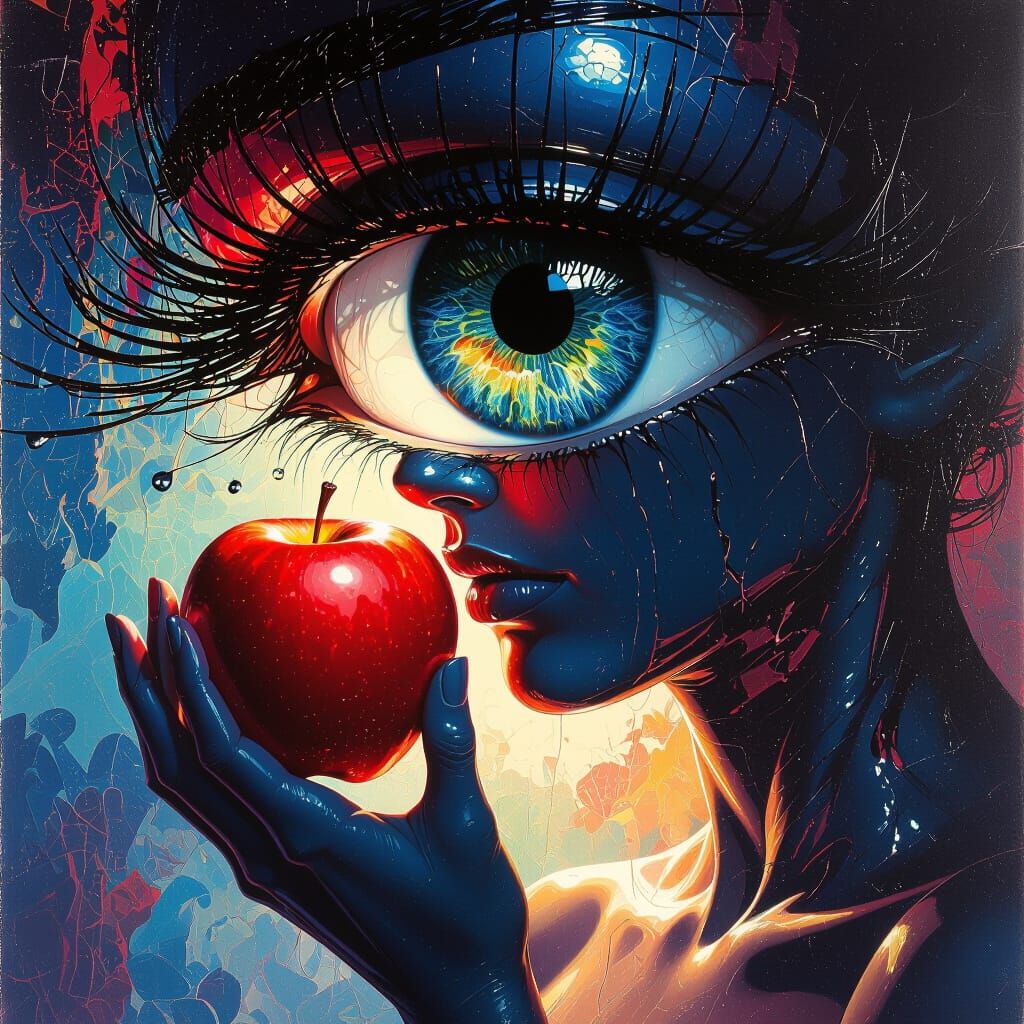 Human Figure Reflected in Eye Holding Apple