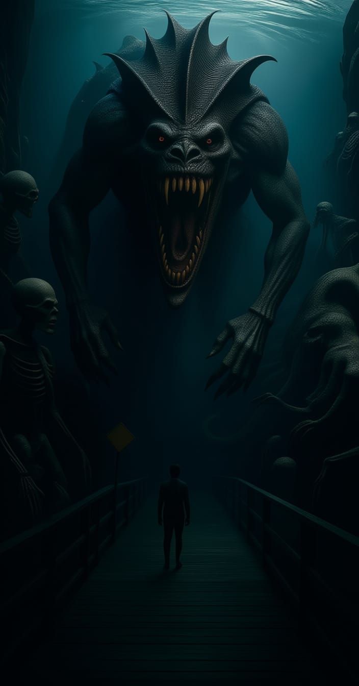 Giant Serpentine Nightmare Creature Overwhelms Man on Bridge