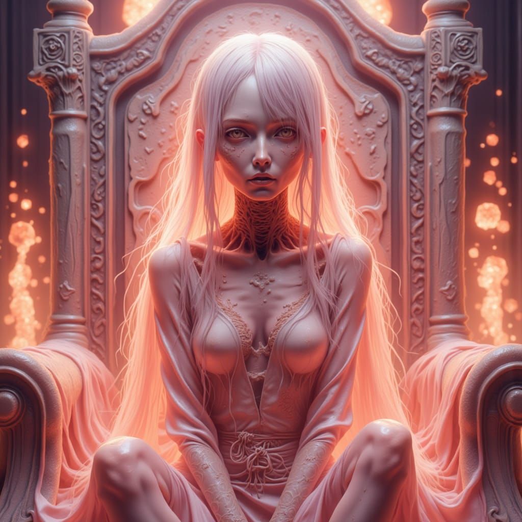 Close Portrait. Staring at the camera sitting on a throne on...