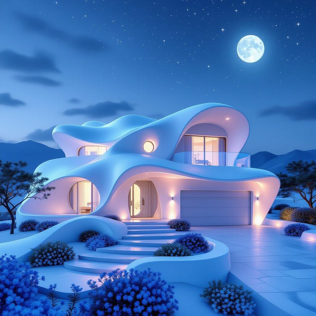 Dreamlike Surrealist Villa in Ethereal Moonlight