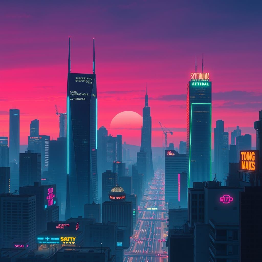 Neon Cityscape at Dusk: Retro-Futuristic Synthwave