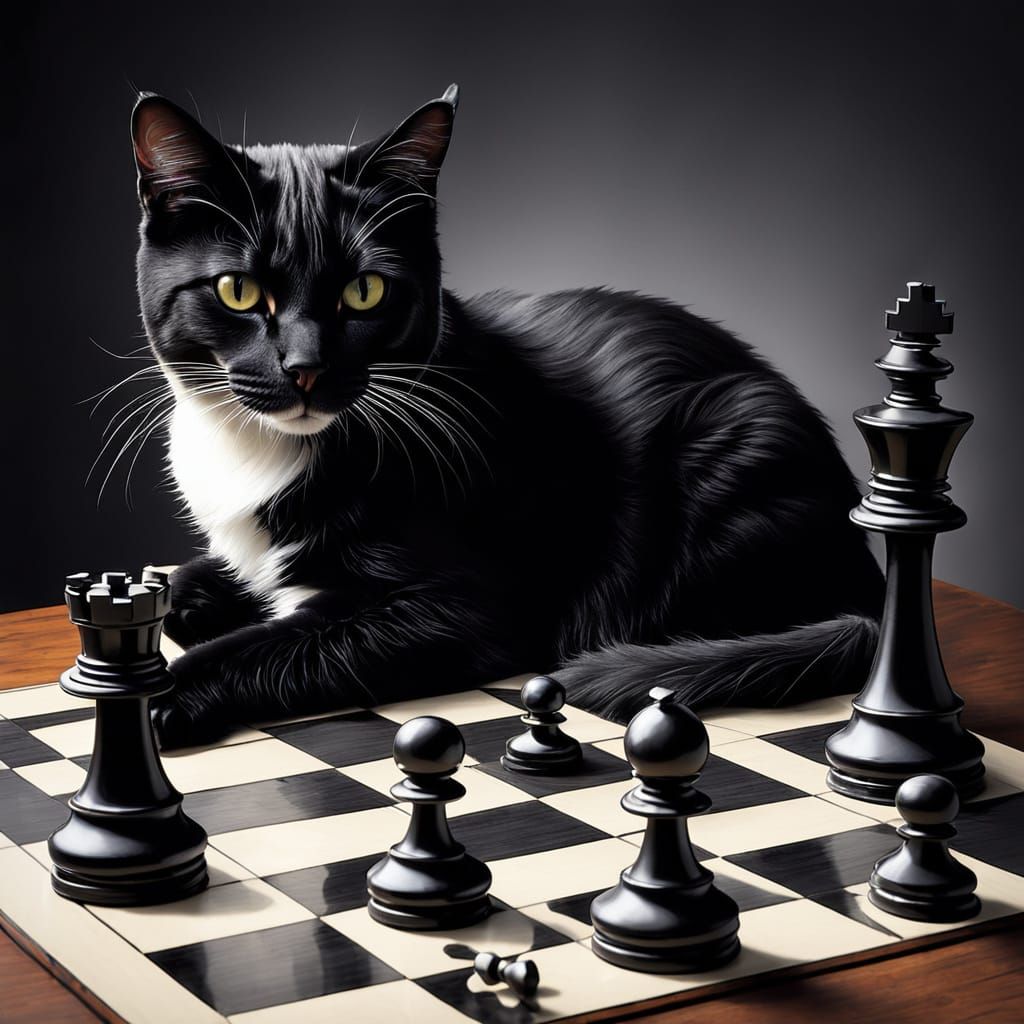 Cat on Chessboard in Ink Style