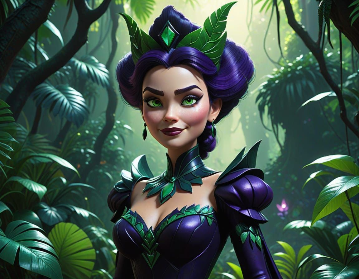 Pixar Style Villainess in Lush Jungle