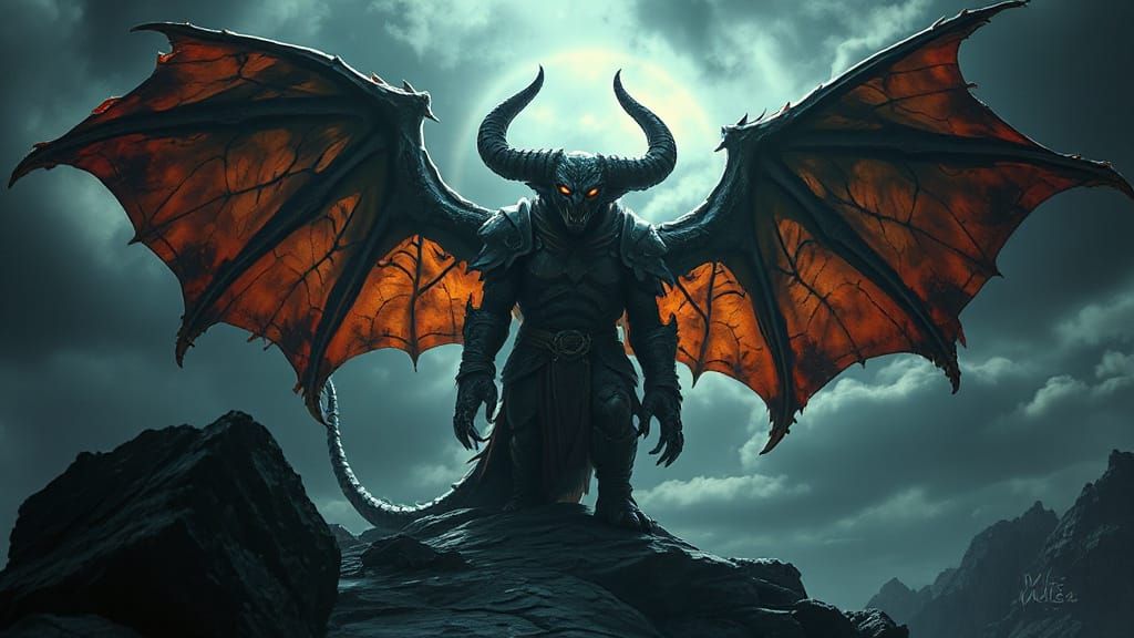 Mighty Demon with Tattered Wings in Stormy Skies