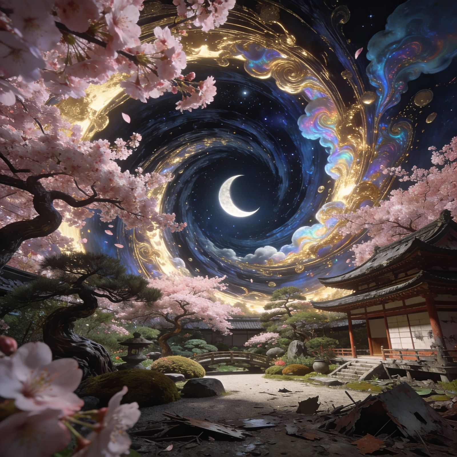 Sakura Garden Meets Spiraled World Under Crescent Moon