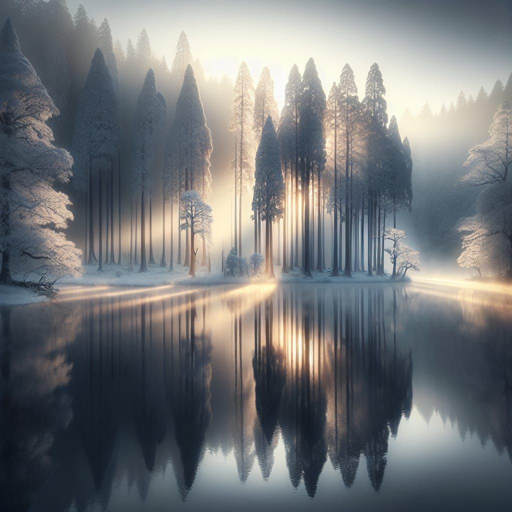 Winter Landscape: Trees Reflected in Golden Sunlight