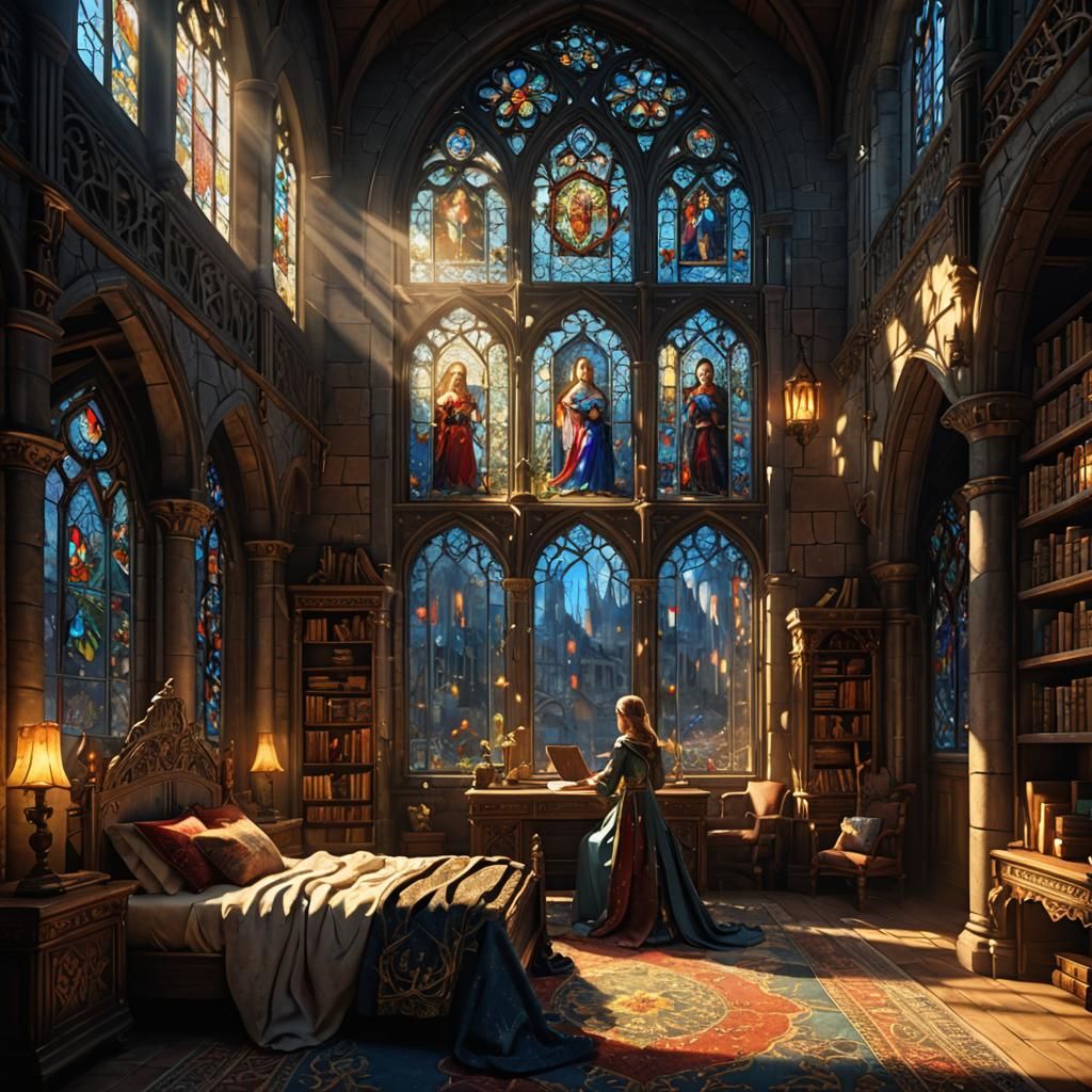 Medieval Princess Reading in Sunlit Lair