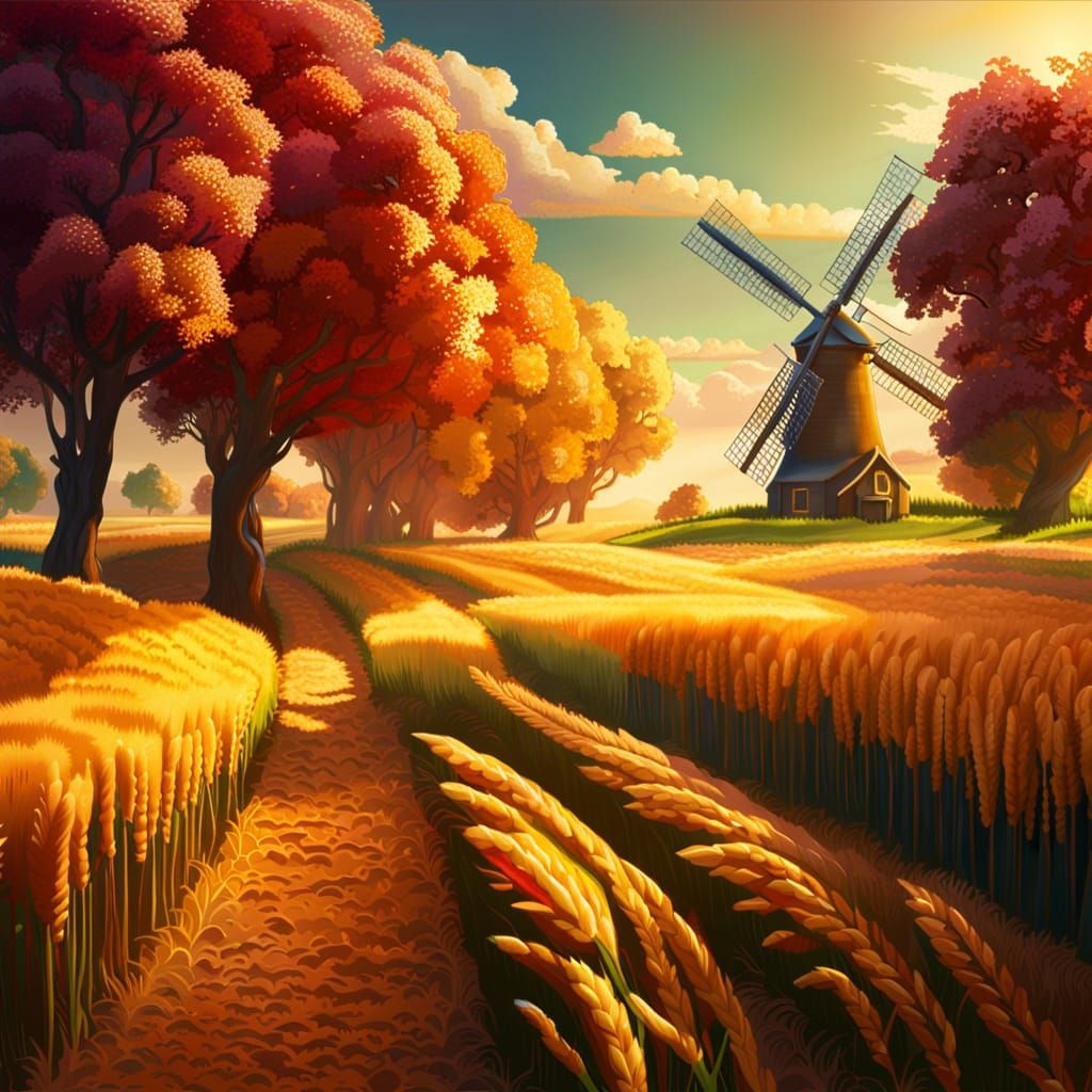 Sunlit Windmills and Wheat Fields: Matte Painting