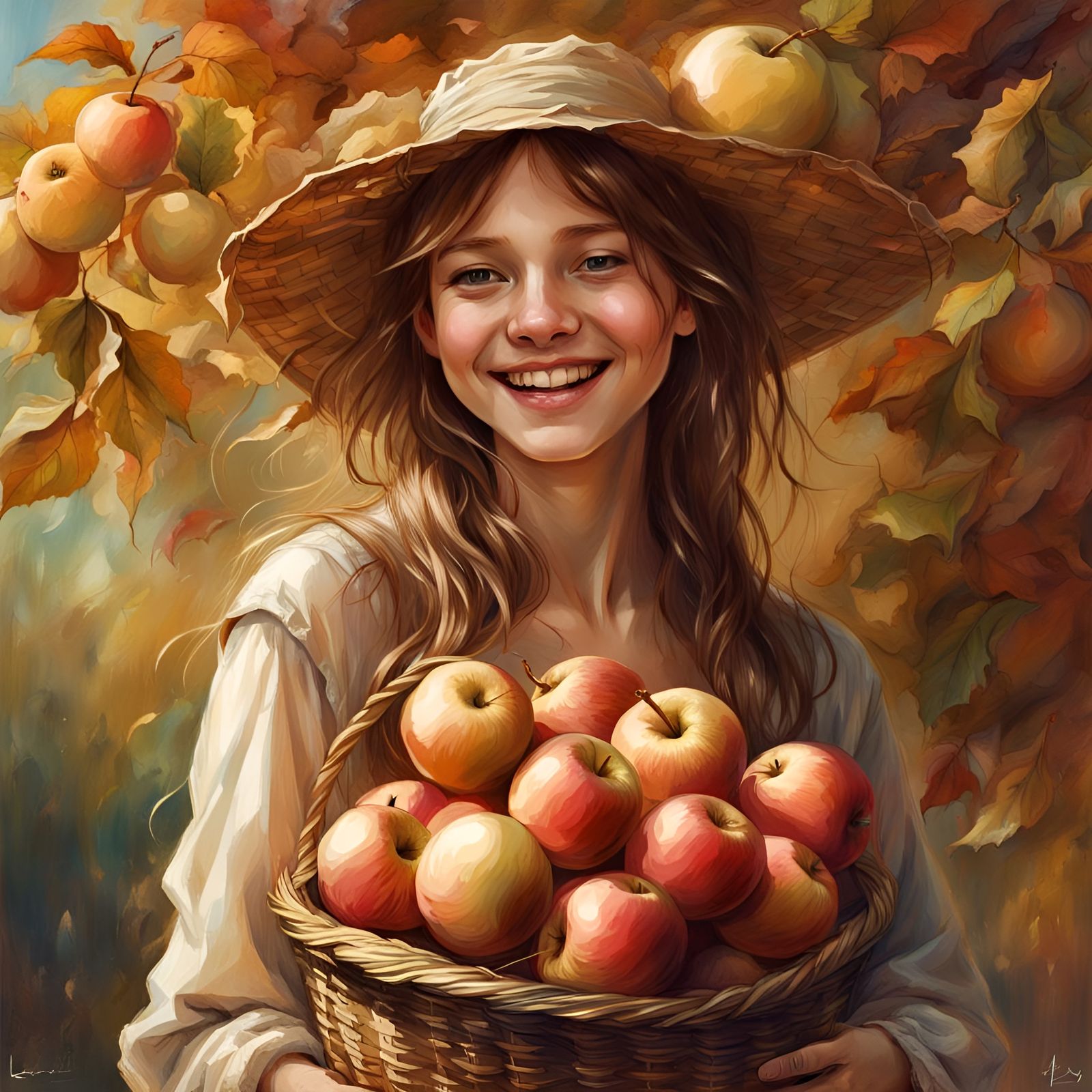 Girl with Apple Basket in Classical Style
