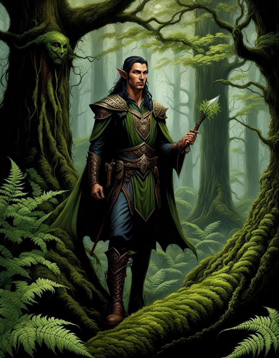 Elven Druid in Primeval Forest, Gothic Digital Art