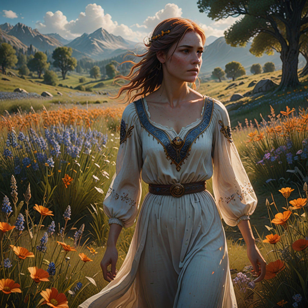 Ethereal Countryside Lady in Flowing White, Surrounded by Wi...