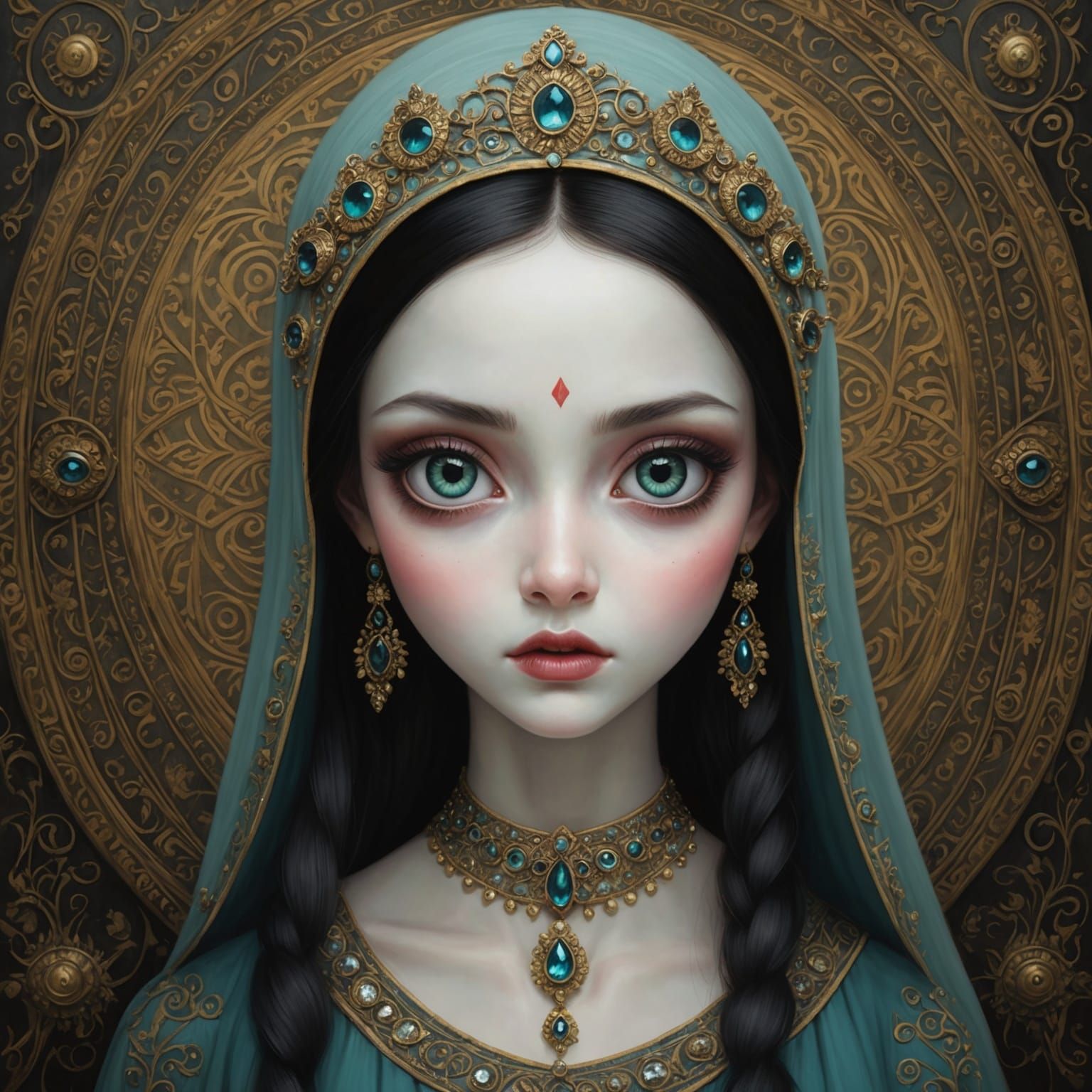 Surreal Portrait of Wide-Eyed Girl in Mixed Styles