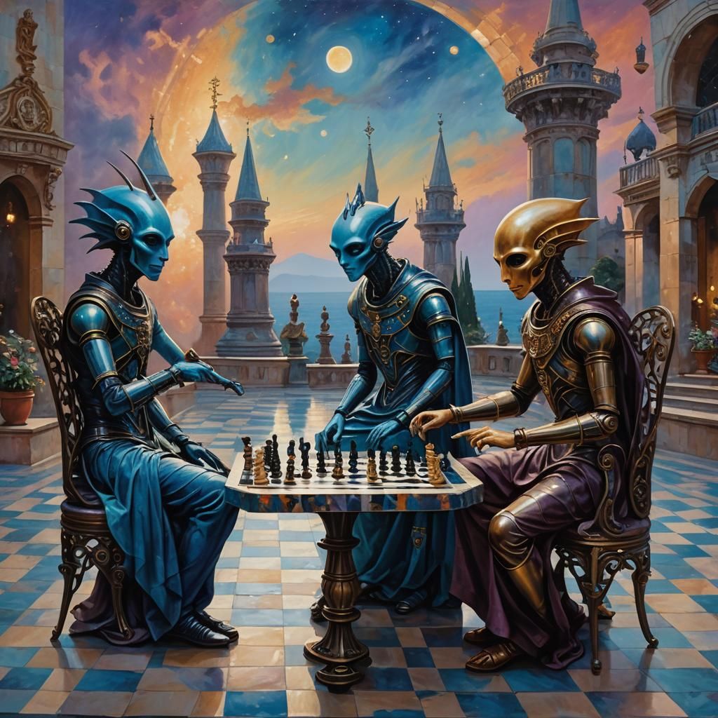 aliens play chess on a terrace overlooking the seascape