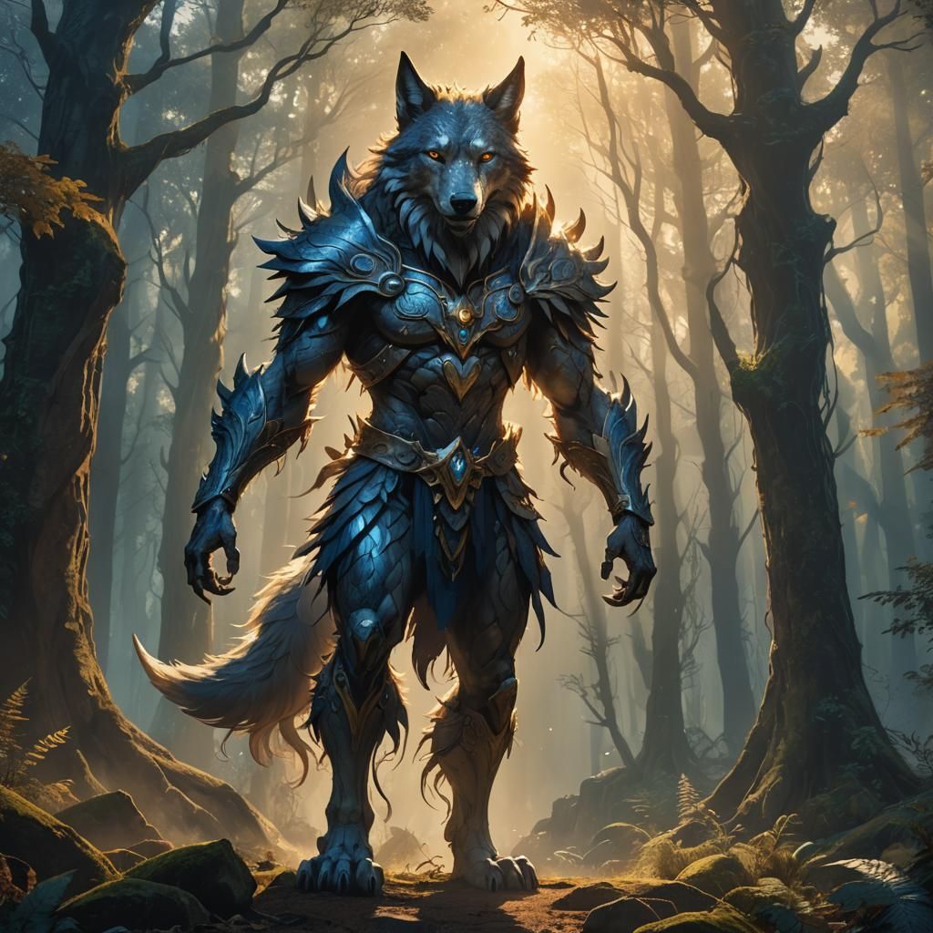 Wolf-Humanoid in Mystical Forest, Fantasy Illustration