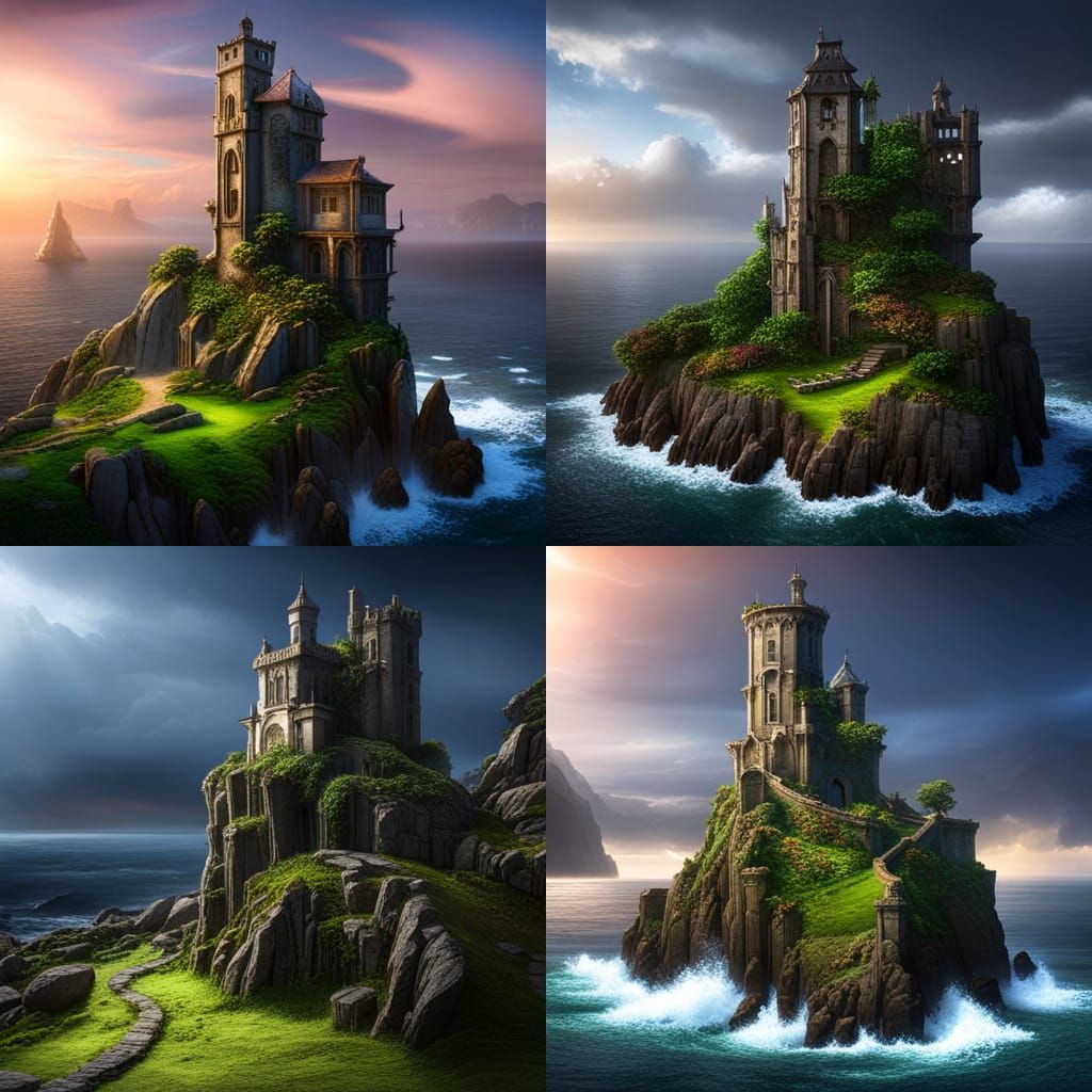 Ruined Gothic Tower Ocean Cliffside in Dark Fantasy Style