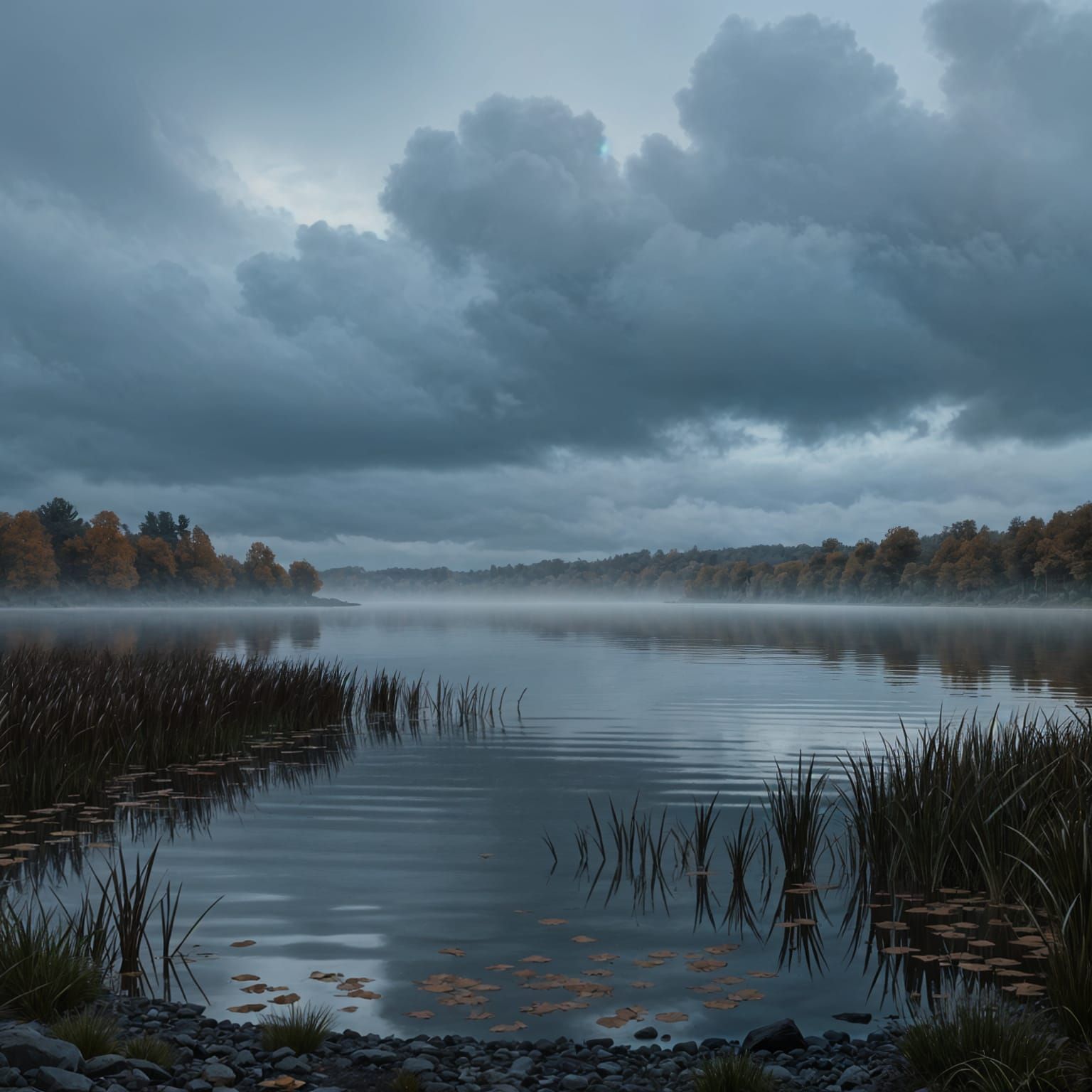 Autumn Lake and Reeds with Wind-Heavy Sky