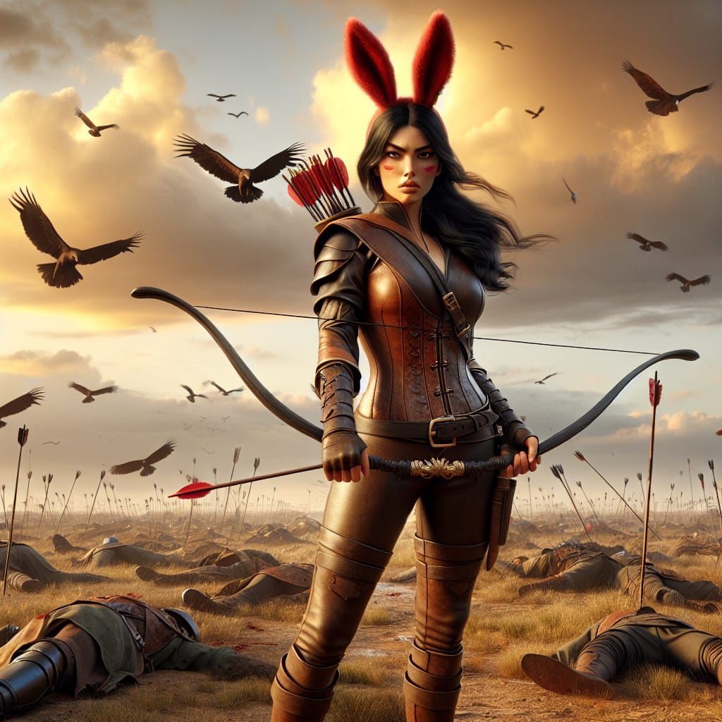 Hispanic Bunny Warrior Victorious on Battlefield as Matte Pa...