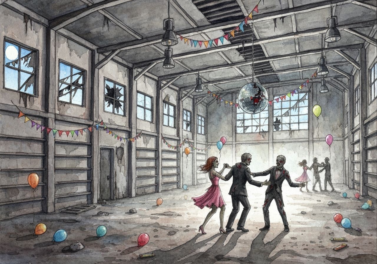 Zombie Prom Night in Abandoned Hangar Watercolor