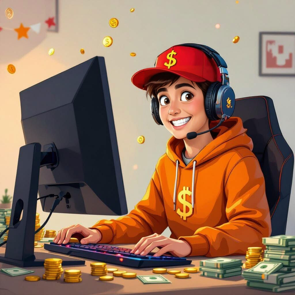 Cartoon Gamer at Desk with Money and PC