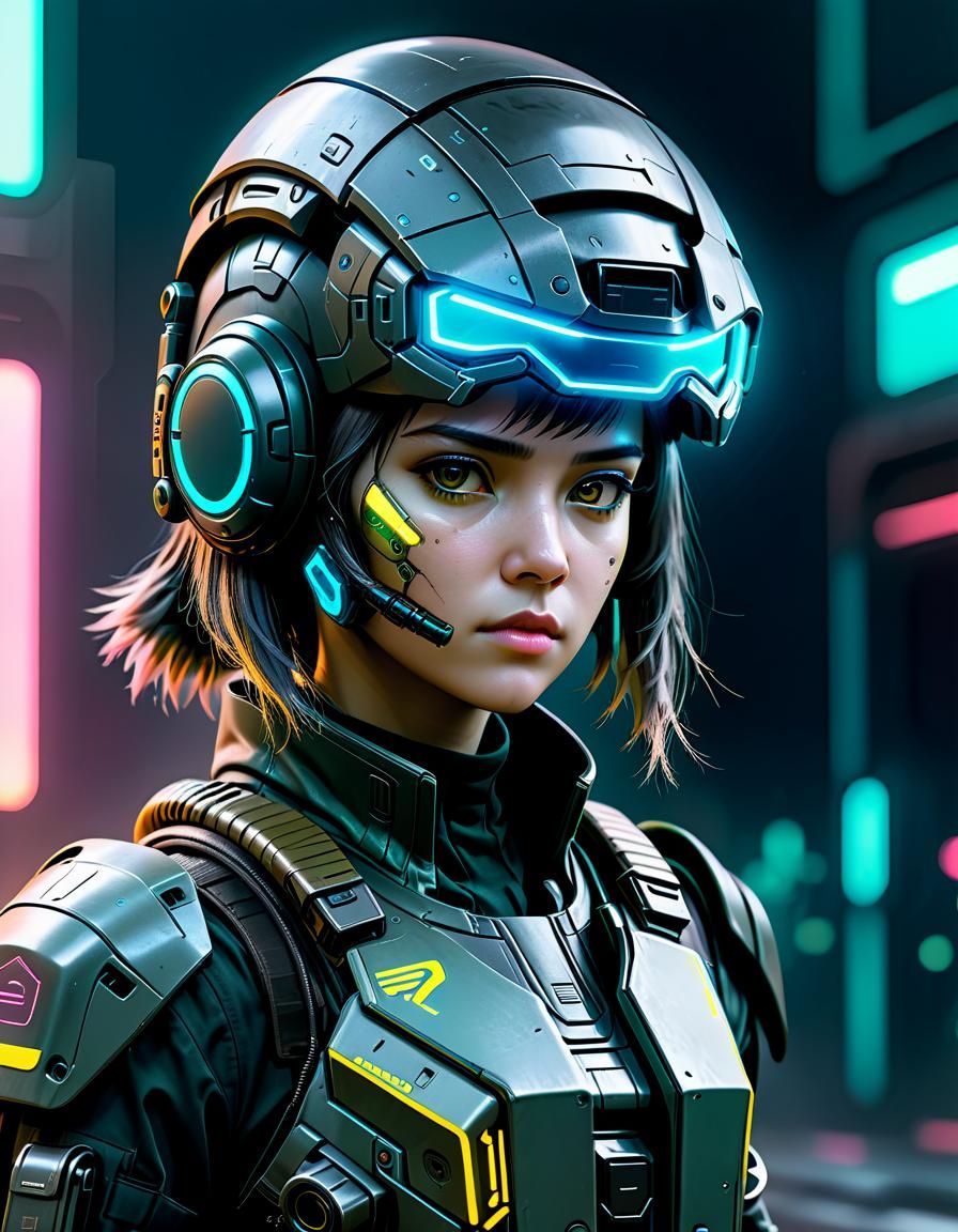 Futuristic Female Soldier in Cyberpunk Helmet