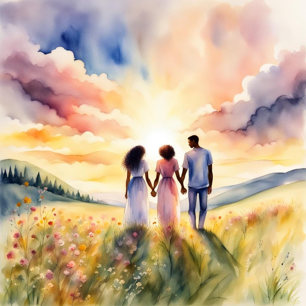 Biracial Couple's Watercolor Picnic at Sunset