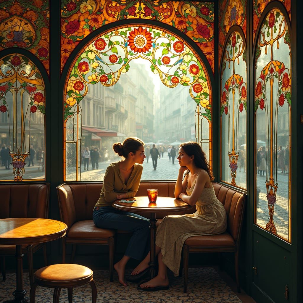 Parisian Cafe Scene in Art Nouveau Style