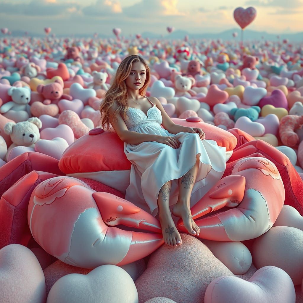 Dreamlike Plush Landscape with Woman on Crab