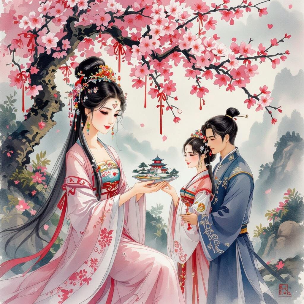 Chinese Goddess Holding Miniature Landscape in Anime Style