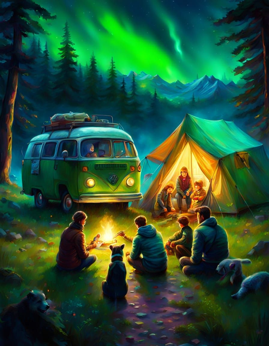 Family Camping Trip in Oil Painting with Neon Glow