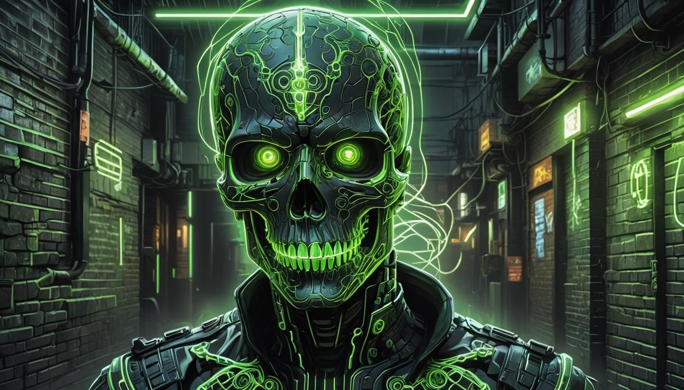 Cyberpunk Skull with Green Neon Aura in Alleyway