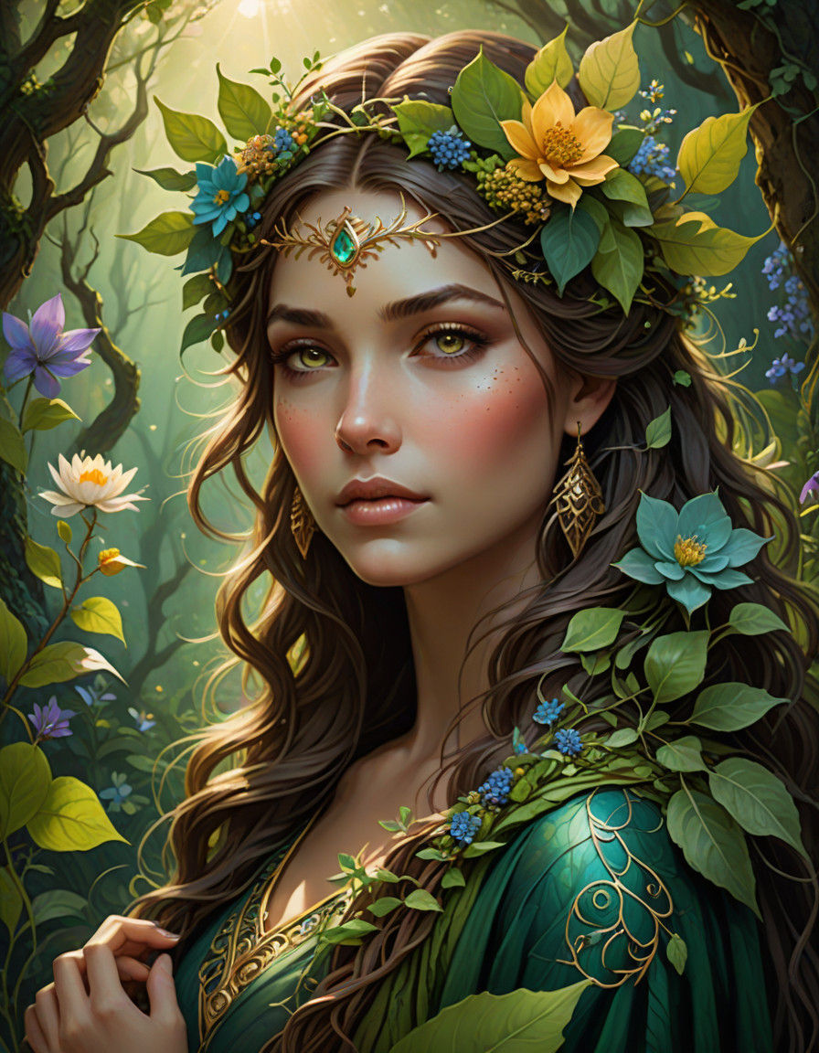 Ethereal Fantasy Portrait of Mother Nature, Cradling Bloomin...