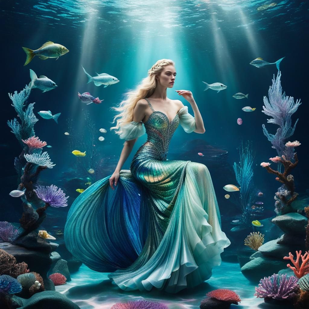 Iridescent Mermaid Waterscape in Art Nouveau Style