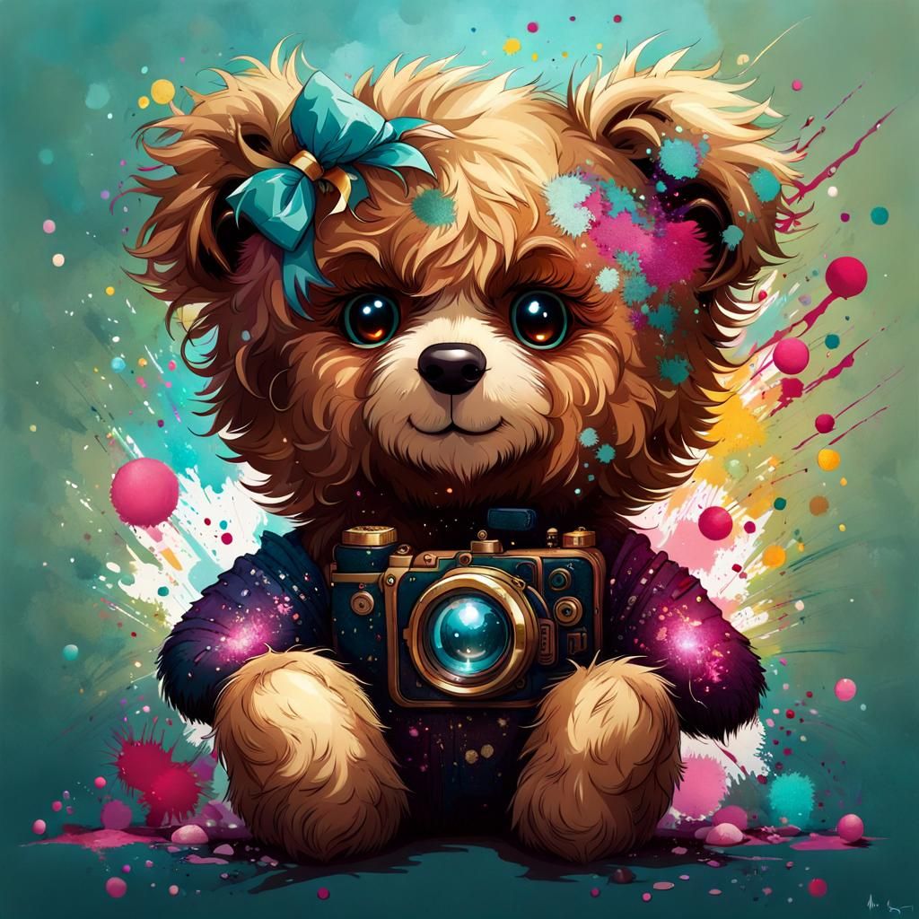 Adorable Teddy Bear with Big Eyes in Maximalism Style