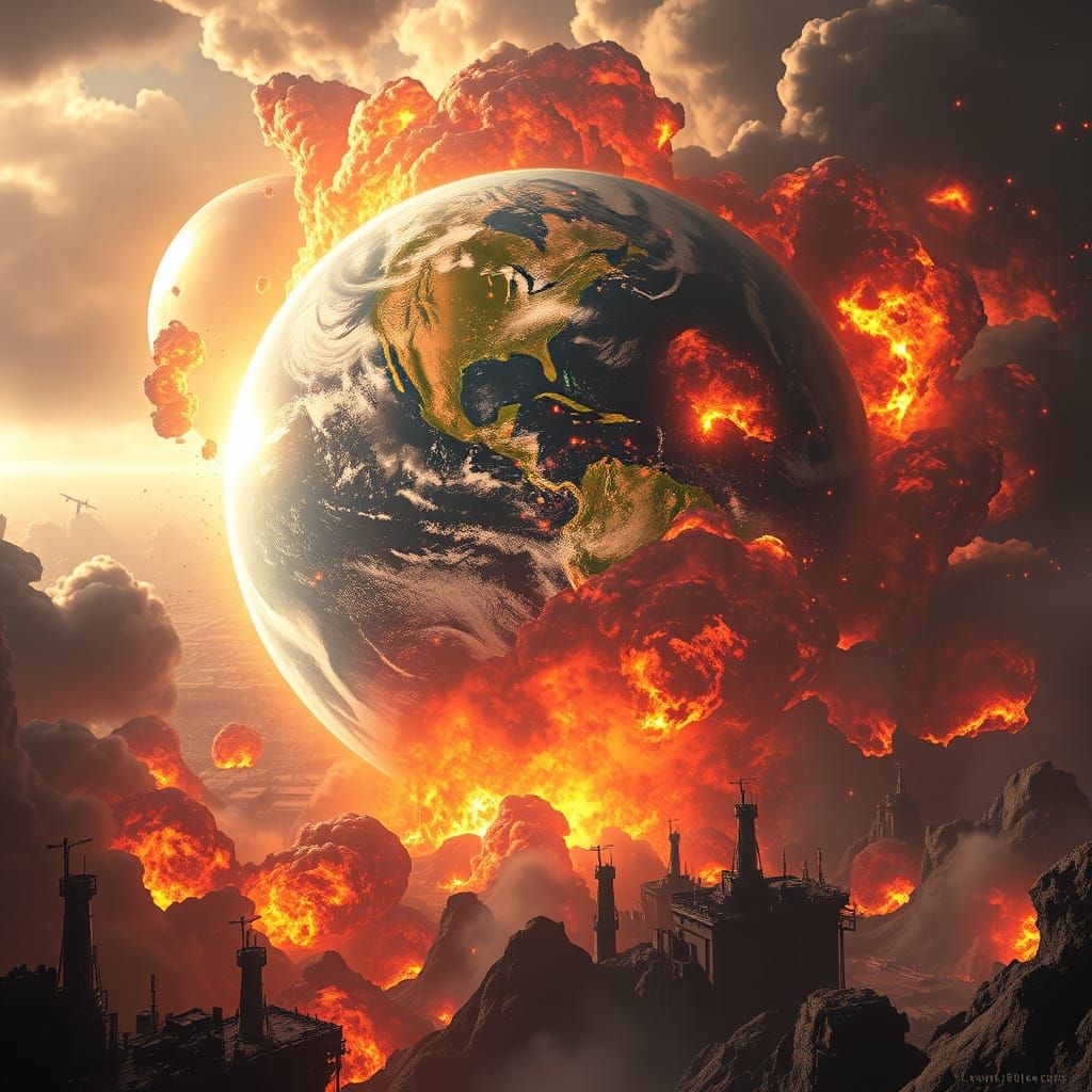 Earth Exploding in Catastrophic Inferno: Hyperrealistic Sci-...