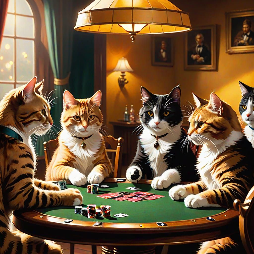 Cats Playing Poker in a Cinematic Oil Painting