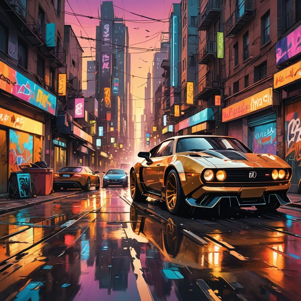 Futuristic Luxury Car Race in Vibrant Cityscape