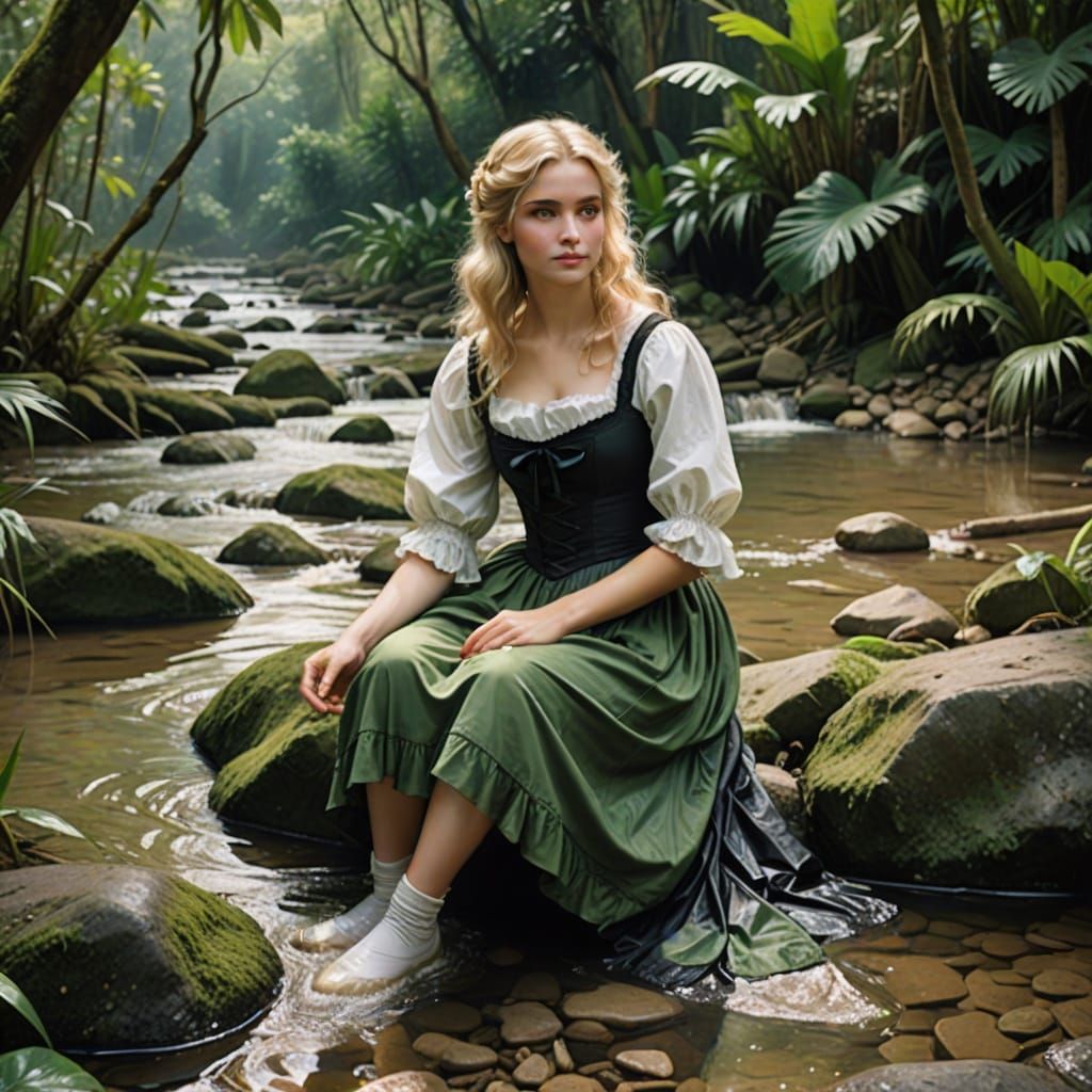 1820s English Viscountess Wades in Tropical Jungle Stream