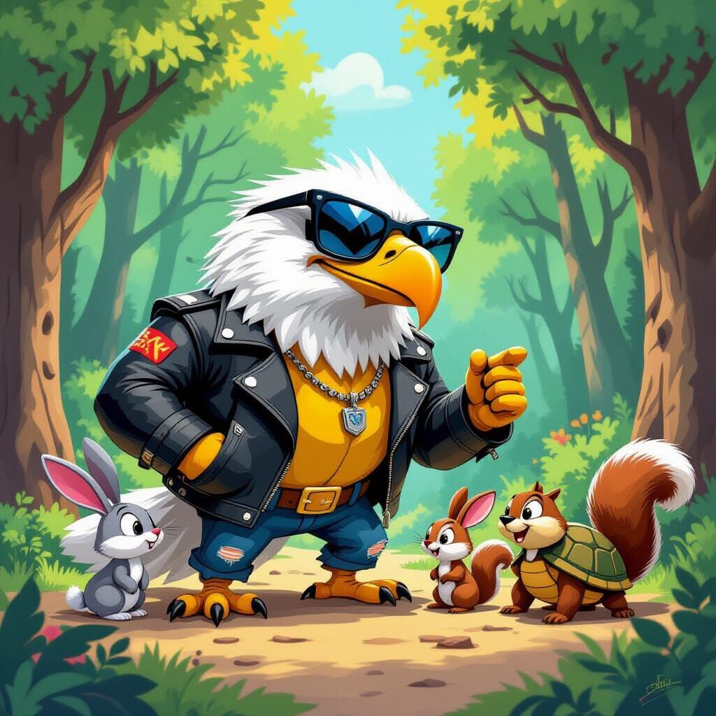 Cartoon Eagle Bullying Animals in Animated Style