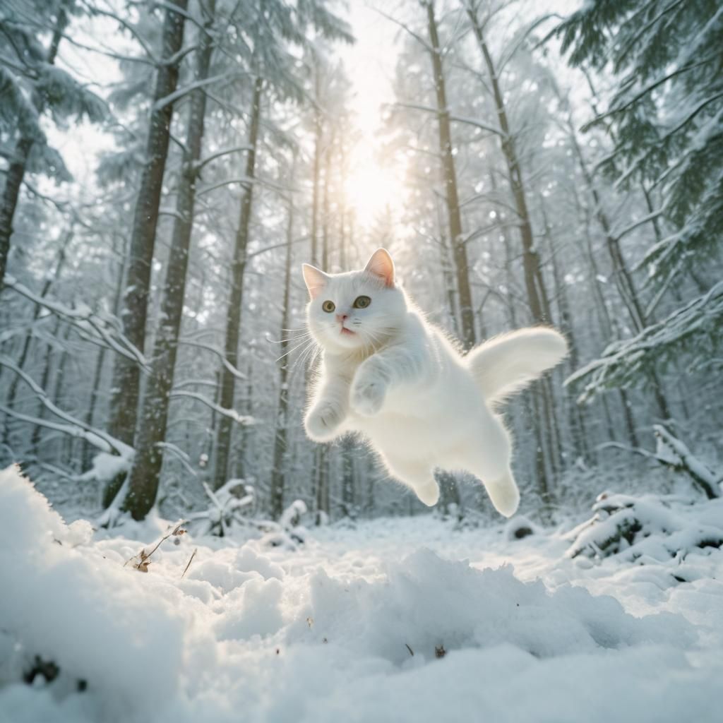 White cat jumping through freshly fallen snow in a winter fo...