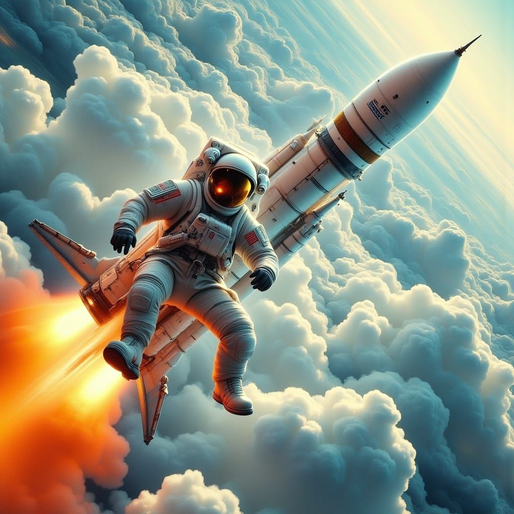 Astronaut Rides Saturn V in Sci-Fi Illustration Style