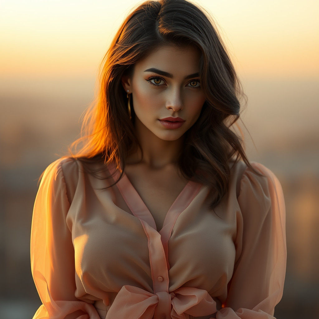 Elegant Woman in Ethereal Sunset Light, Hyperrealistic Matte...