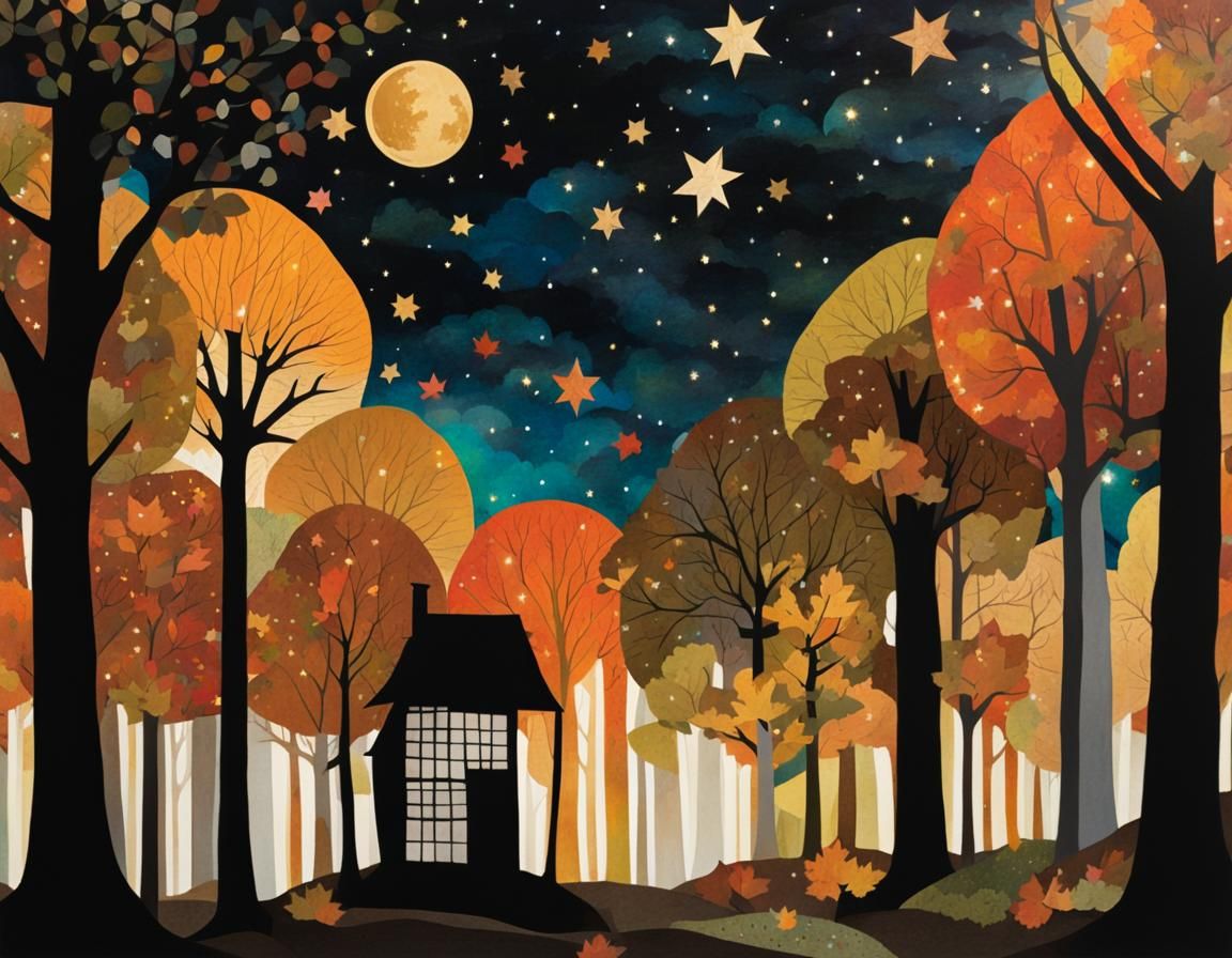 Autumnal Arboretum: Mixed Media Collage of Woodsman's Hut