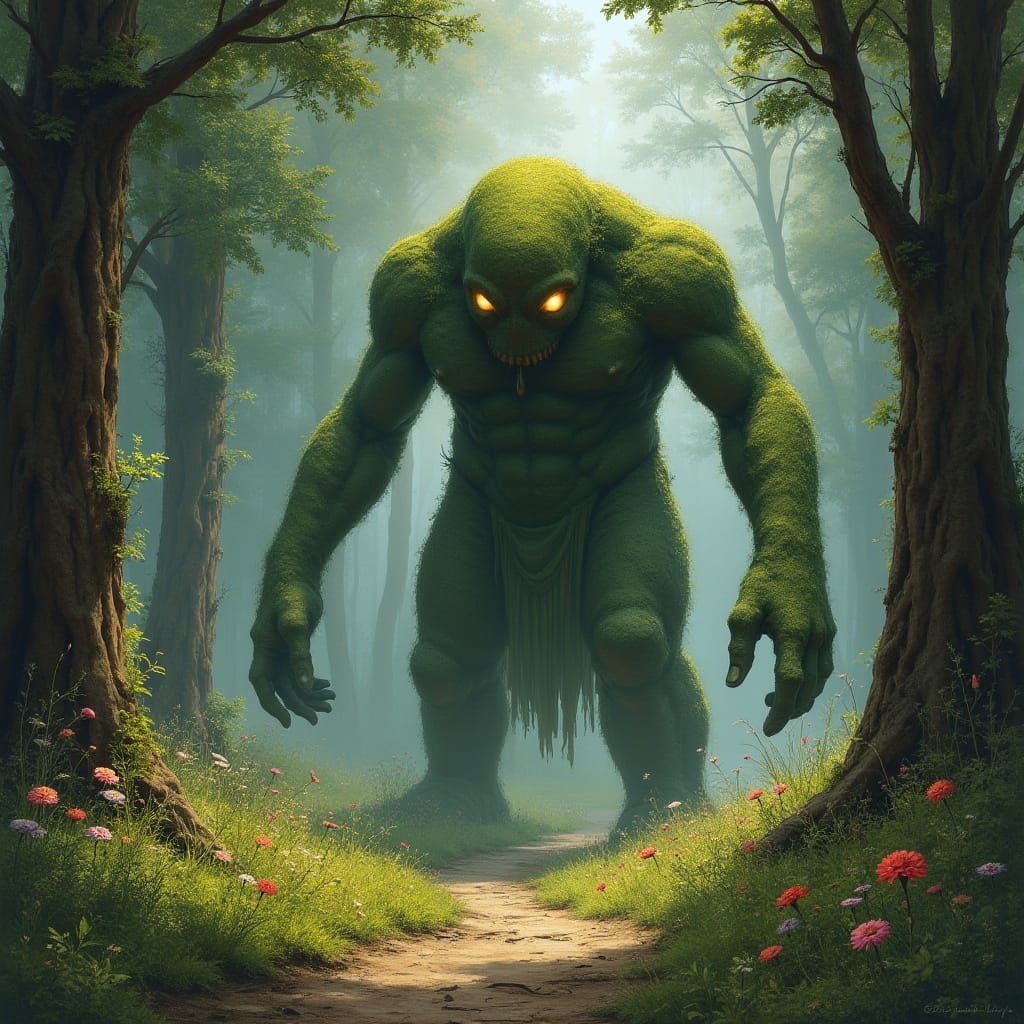 Mossy Stone Golem Awakens in Sunlit Forest Clearing
