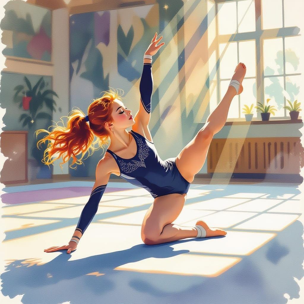 Gymnast in Art Nouveau-Inspired Watercolor