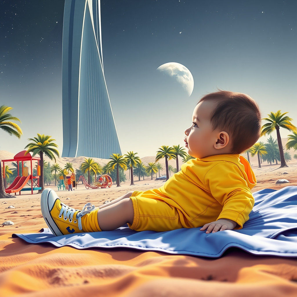 Baby Gazes at Lunar Skyscraper in Sci-Fi Art